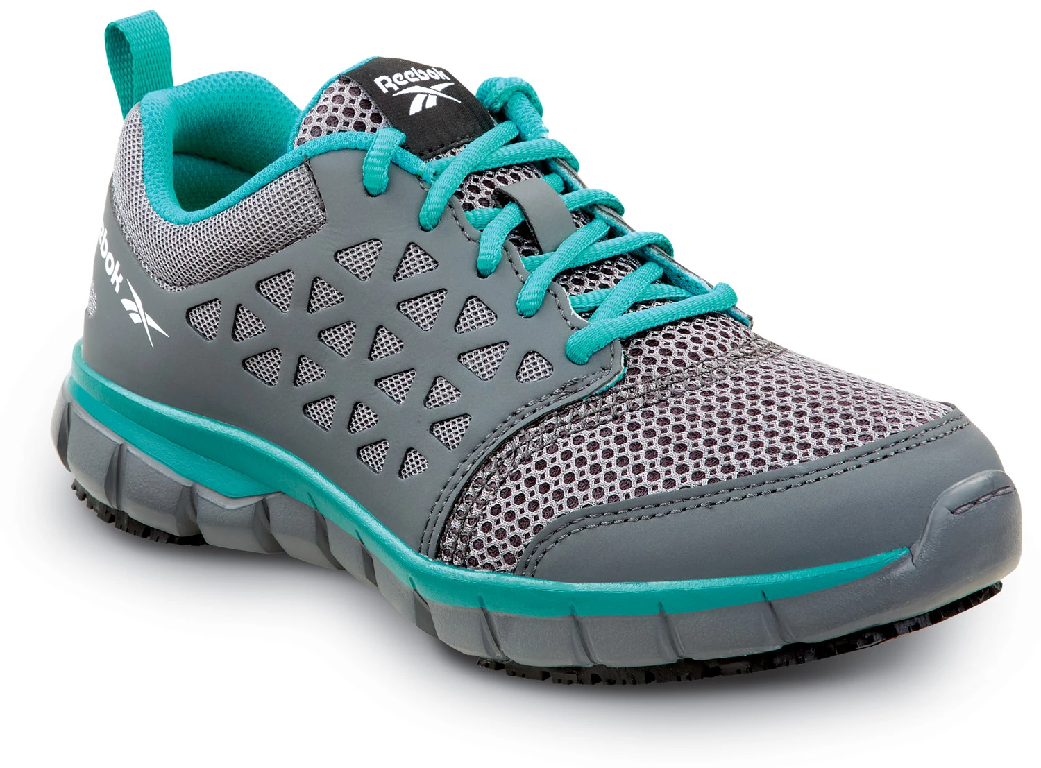 Reebok Work SRB030 Sublite, Women's, Grey/Turquoise, Athletic Style, MaxTRAX Slip Resistant, Soft Toe Work Shoe 1 Reebok Work SRB030 Sublite, Women's, Grey/Turquoise, Athletic Style, MaxTRAX Slip Resistant, Soft Toe Work Shoe