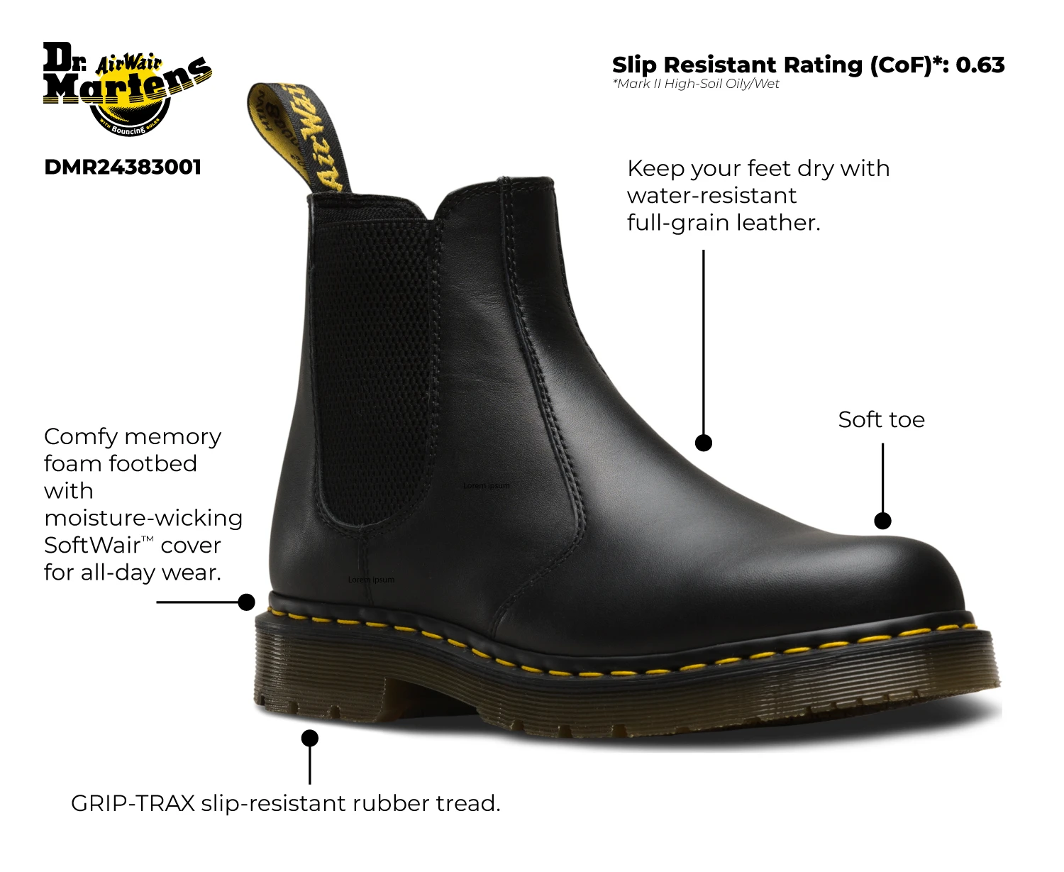 Dr. Martens DMR24383001 2976 Originals Chelsea, Unisex, Black, Twin Gore, Slip Resistant Boot 2 Dr. Martens DMR24383001 2976 Originals Chelsea, Unisex, Black, Twin Gore, Slip Resistant Boot - Image 2
